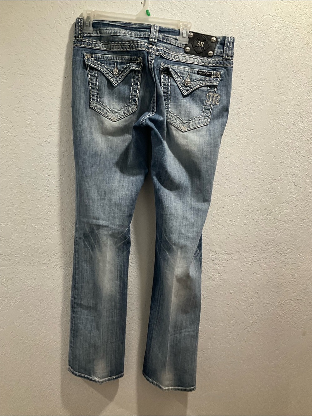 Miss Me Faded Light Blue Bootcut Jeans with Embellished Pockets